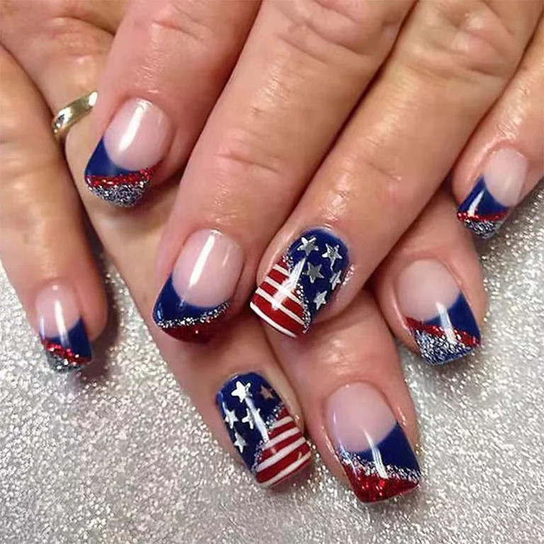 4th of July Press on Nails Short Square Fake Nails Independence Day False Nails Press ons with Am... | Walmart (US)