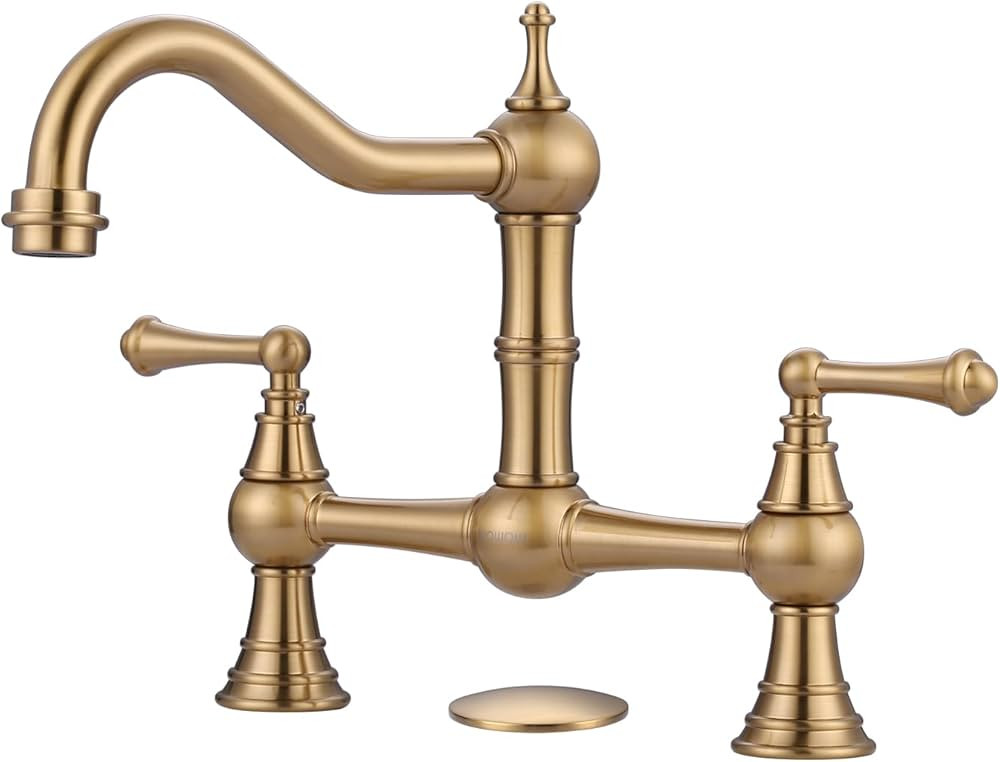 WOWOW Gold Bridge Kitchen Faucet 2 Hole Antique Brass Bridge Faucet 2 Handle 8 Inch Centerset Far... | Amazon (US)