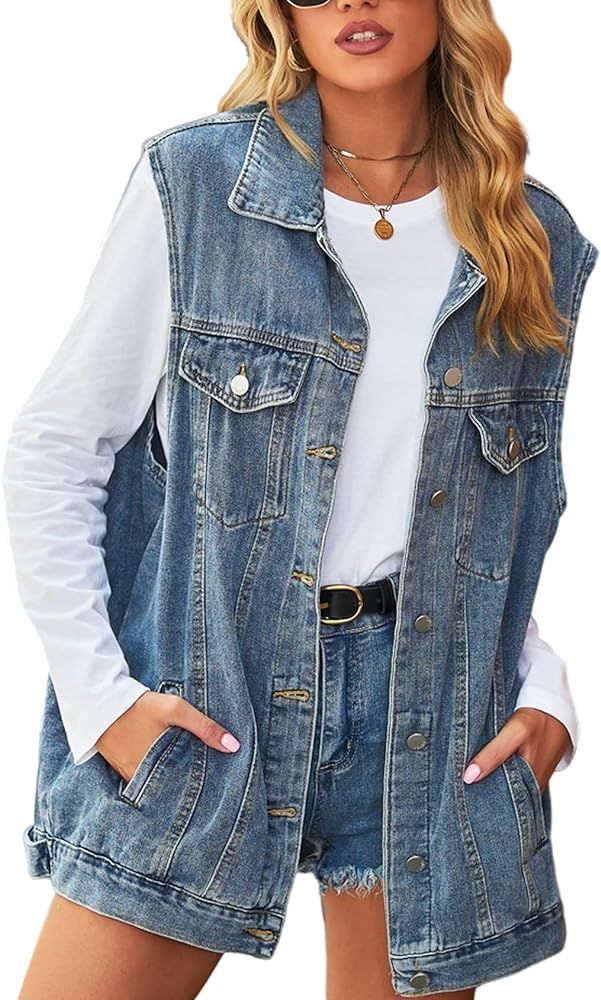Women's Oversized Denim Vest Distressed Mid Long Sleeveless Jean Jacket Waistcoat with Pockets | Amazon (US)