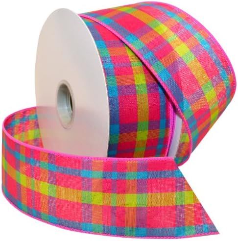 Morex Ribbon Color Chic Plaid Fabric Ribbon, 2.5" x 50 Yd, Shocking Pink/Turquoise | Amazon (US)