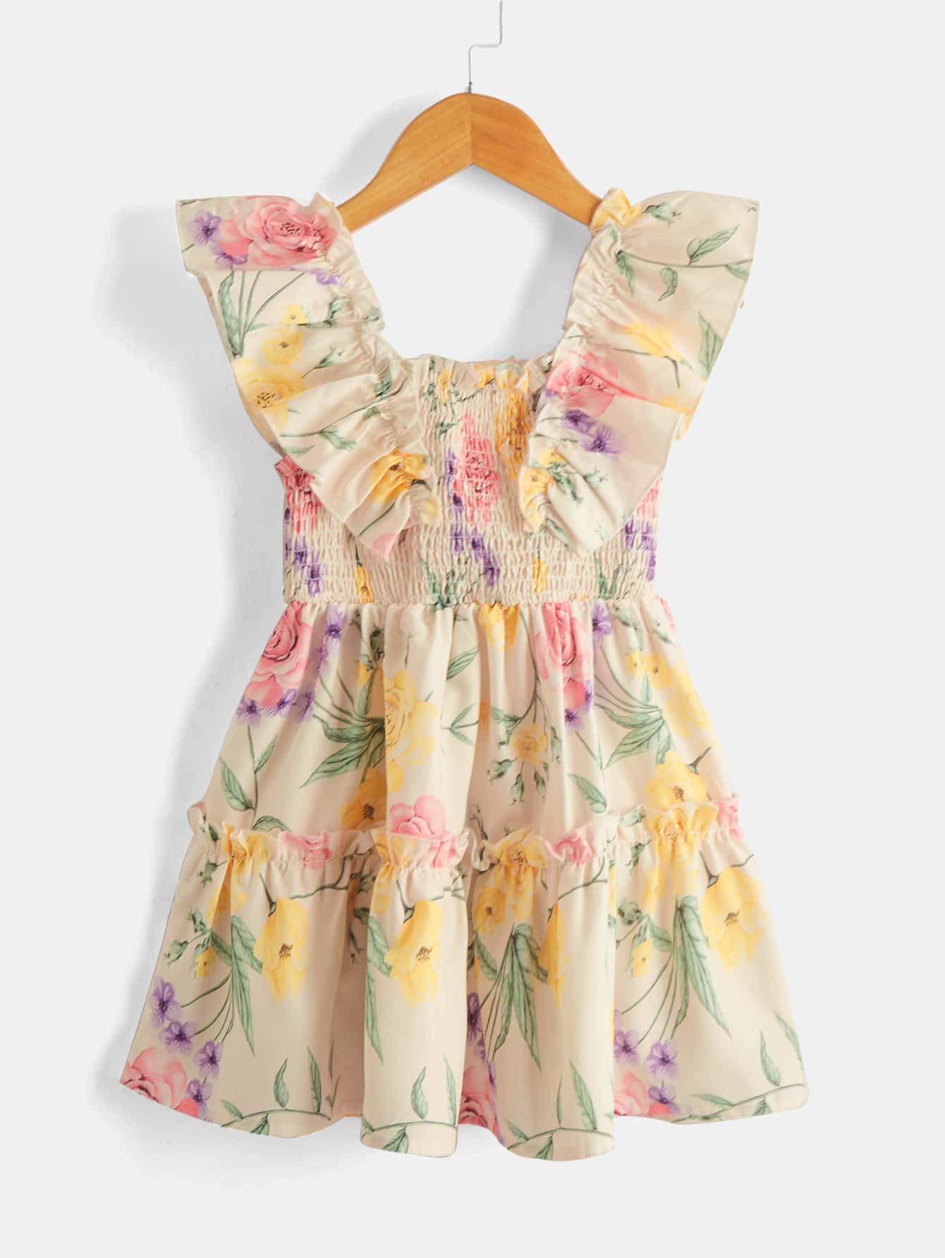 SHEIN Kids EVRYDAY Young Girl Floral Print Shirred Bodice Ruffle Trim Dress | SHEIN