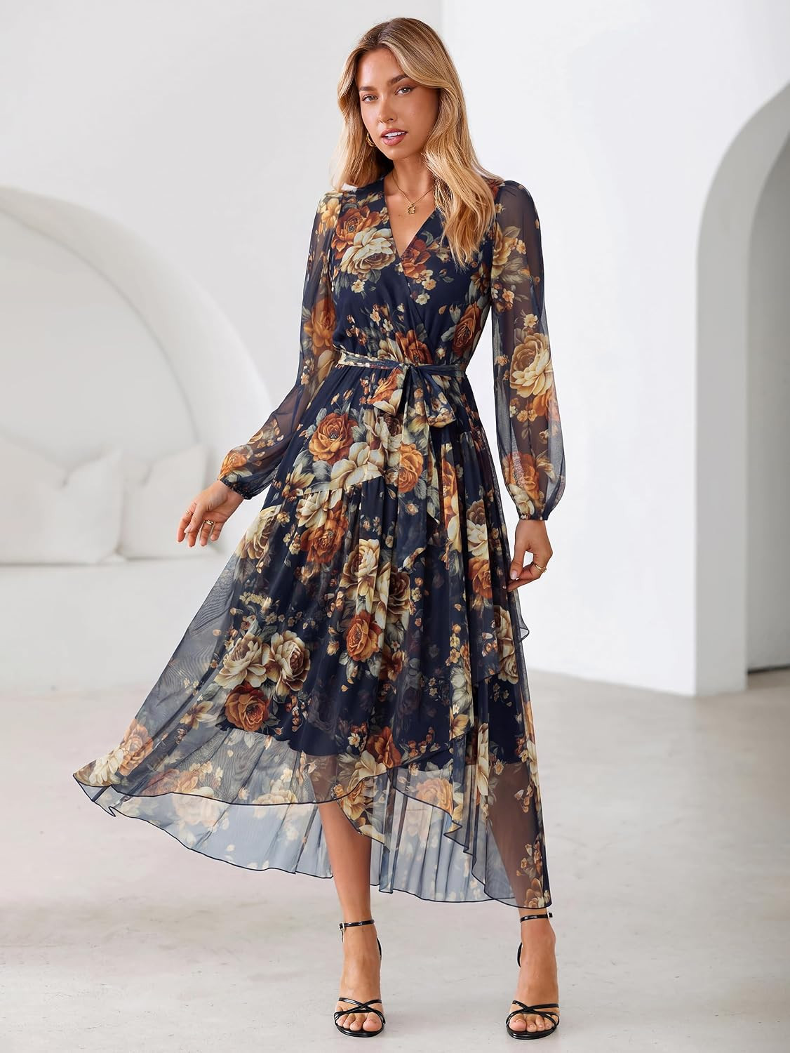 Simplee Women's Floral Long Sleeve Mesh Wedding Guest Maxi Dress | Amazon (US)