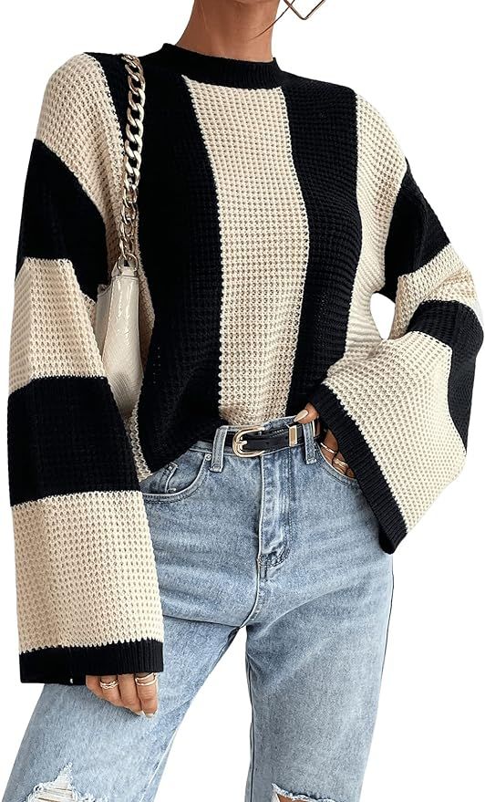 OYOANGLE Women's Long Sleeve Stripe Colorblock Sweater Crew Neck Pullover Knitwear Jumper Tops Bl... | Amazon (US)