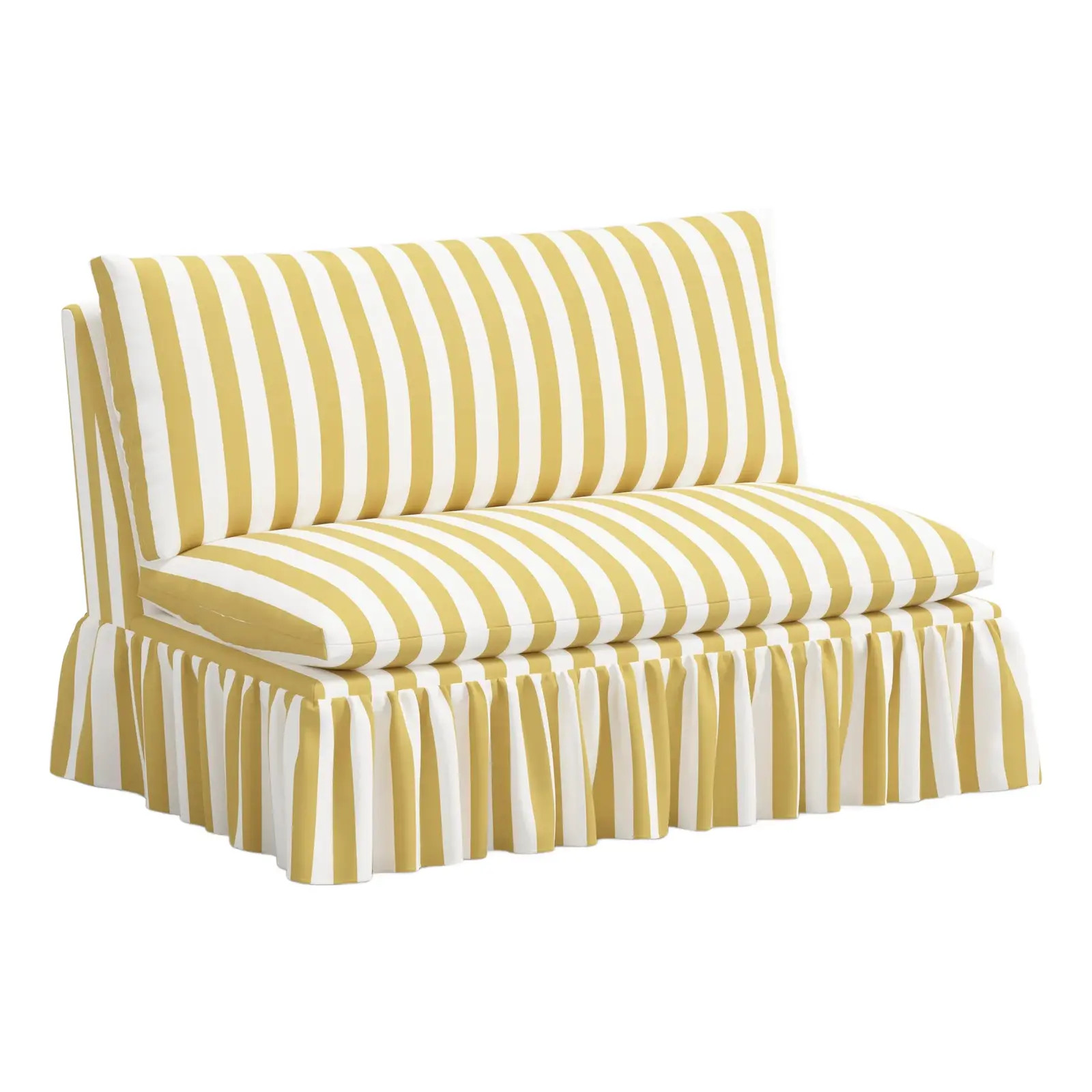 Spritely Home Capra Ruffle Settee in Canopy Stripe Honey | Chairish