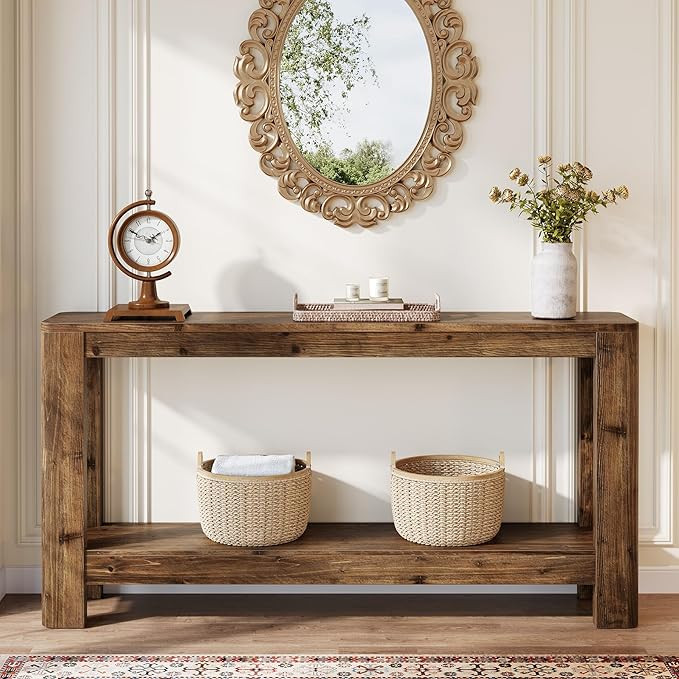 Solid Wood Console Table for Entryway, 63" Farmhouse Slim Sofa Table with 2-Tier Storage Shelf, R... | Amazon (US)