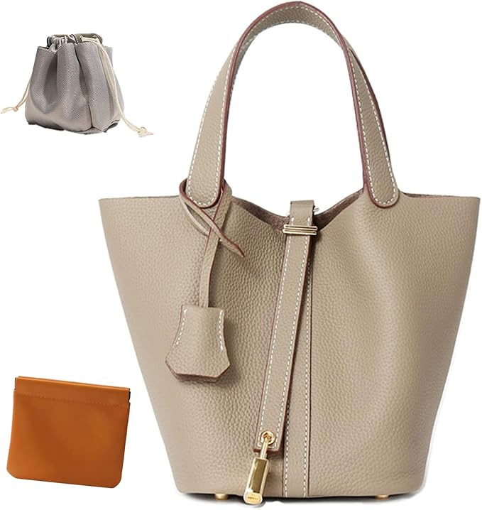 Genuine Leather Lock Design Bucket Bag Vegetable Basket, Fashionable and Versatile Shoulder Handb... | Amazon (US)