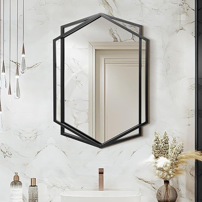 LuxenHome 32" Wall Mirror, Bathroom Mirrors for Over Sink, Metal Frame Vanity Mirror for Wall, Bl... | Amazon (US)