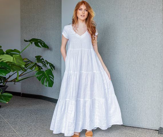 Linen Maxi Dress, White Linen Dress, Summer Maxi Dress, Short Sleeve Linen Dress, Linen Dress Wit... | Etsy (US)