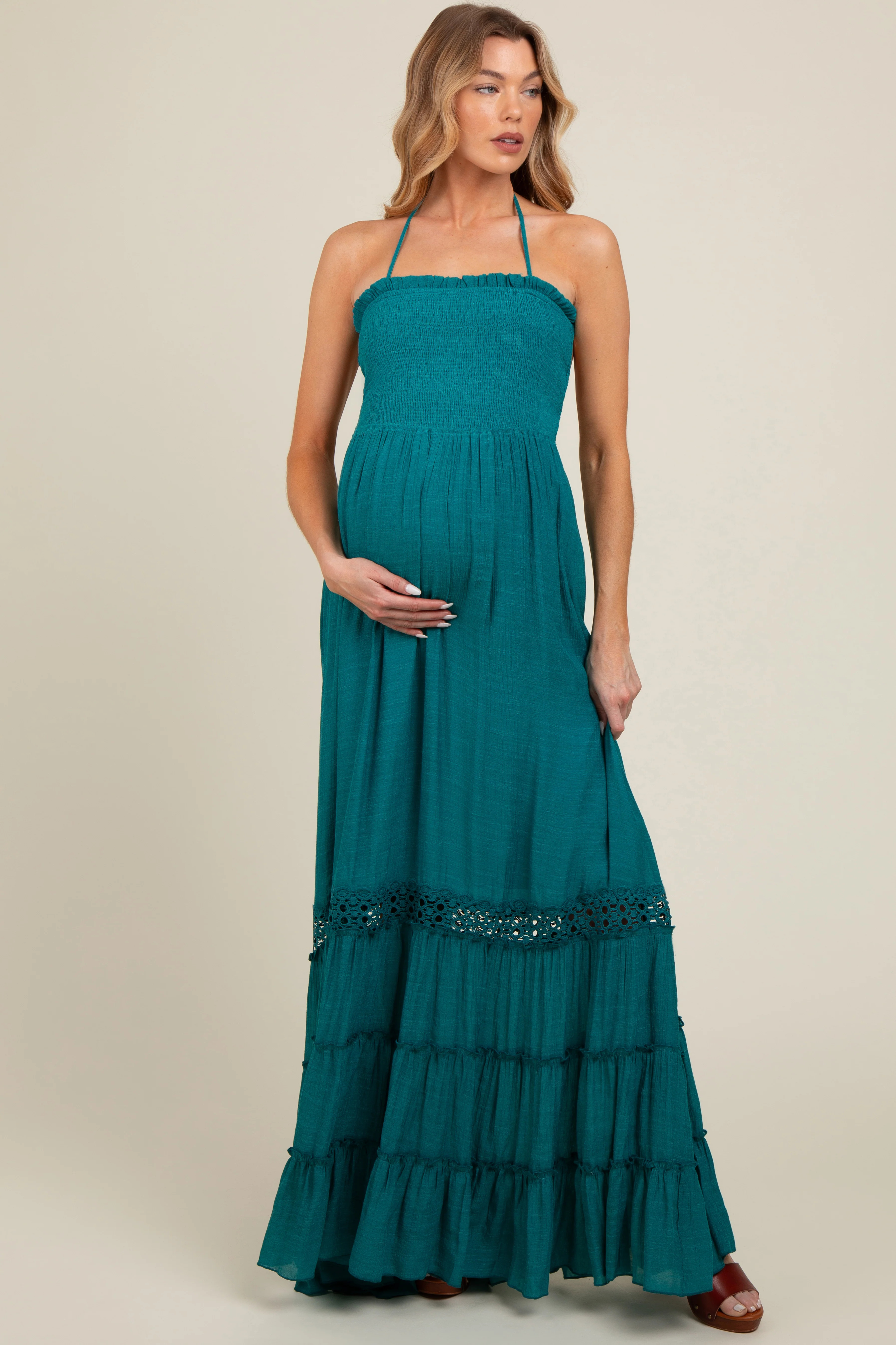 Teal Smocked Open Back Maternity Maxi Dress | PinkBlush Maternity