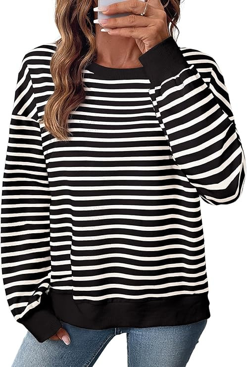 SHEWIN Oversized Sweatshirt for Women Crewneck Striped Shirt Pullover Womens Fall Fashion 2025 | Amazon (US)