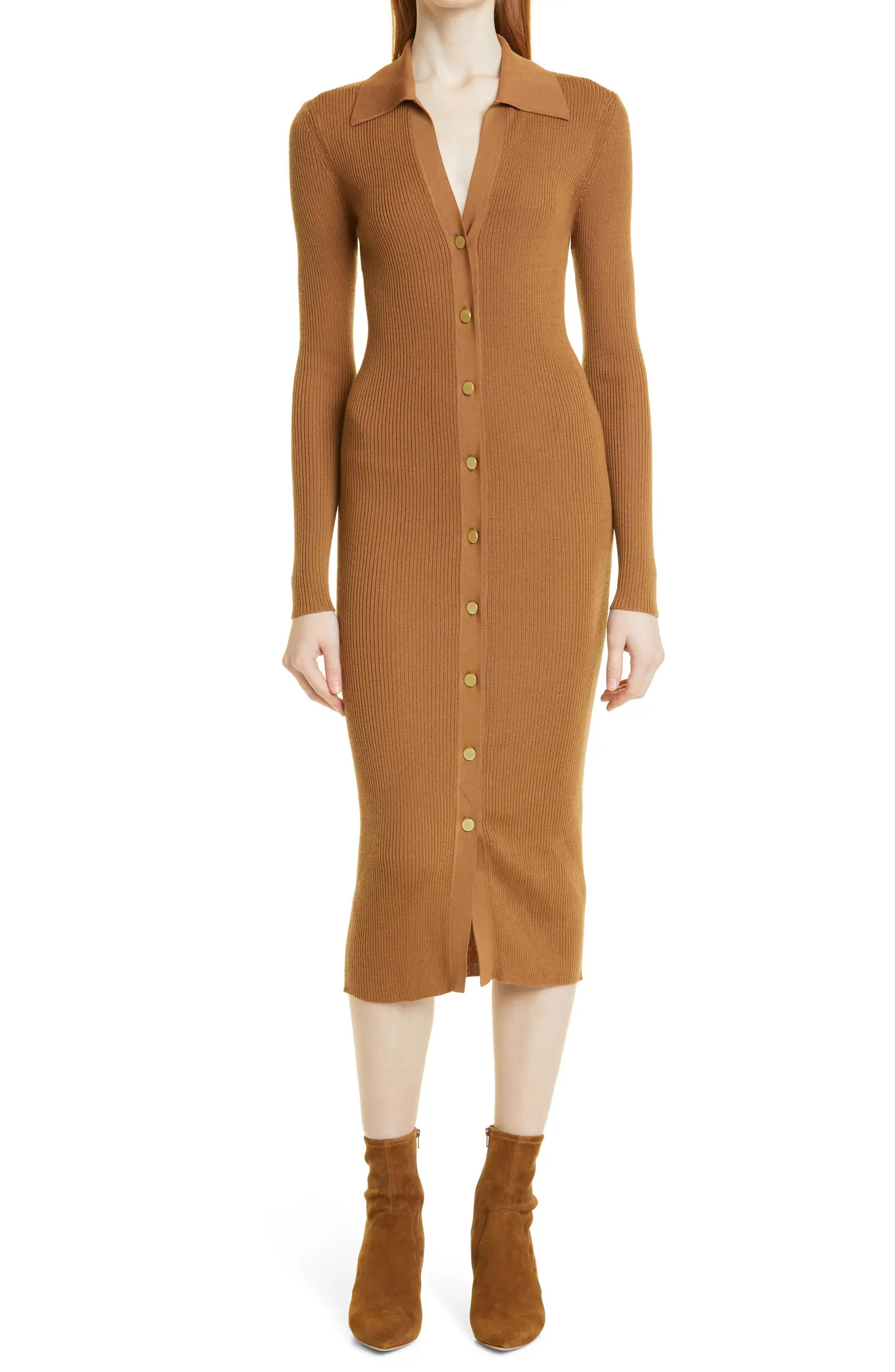 Alice + Olivia Alcina Long Sleeve Button-Up Rib Knit Midi Dress | Nordstrom | Nordstrom