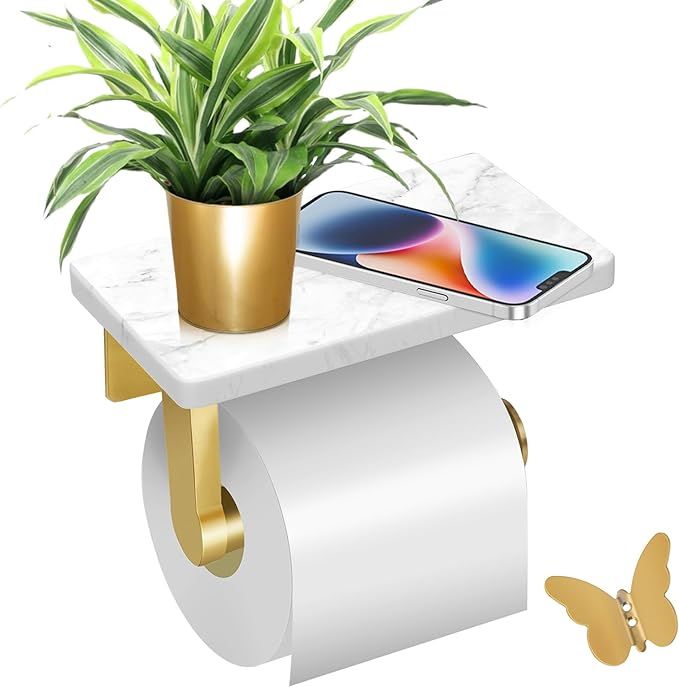 LuDoDo Gold Toilet Paper Holder with Marble Shelf，Wall Mounted Tissue Roll Holder for Bathroom ... | Amazon (US)