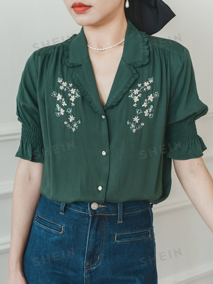 Simple Retro Elegant Bloemen Blouse Borduurwerk Ruches Gefronst | SHEIN  Nederland | SHEIN