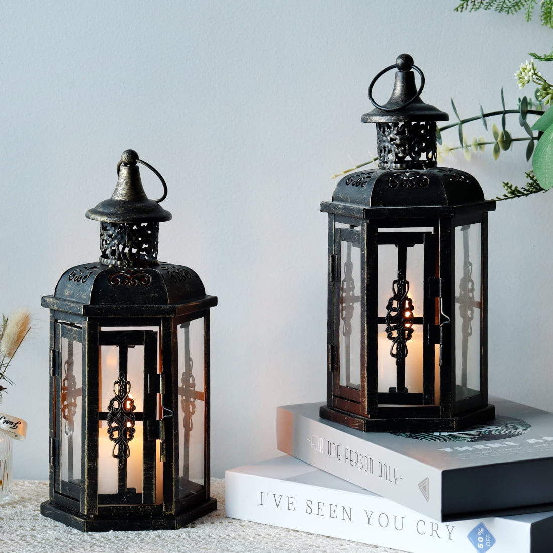 Set of 2 Vintage 10''H  Candle Lantern for Home Garden Patio(Black with Gold Brush) | Walmart (US)