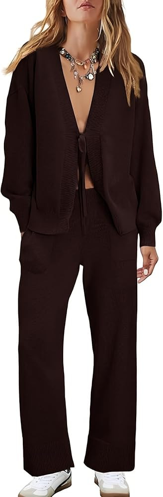 Womens Two Piece Sweater Sets Comfy Loungewear Set V-Neck Cardigan Pant Matching Pajama Sets Swea... | Amazon (US)