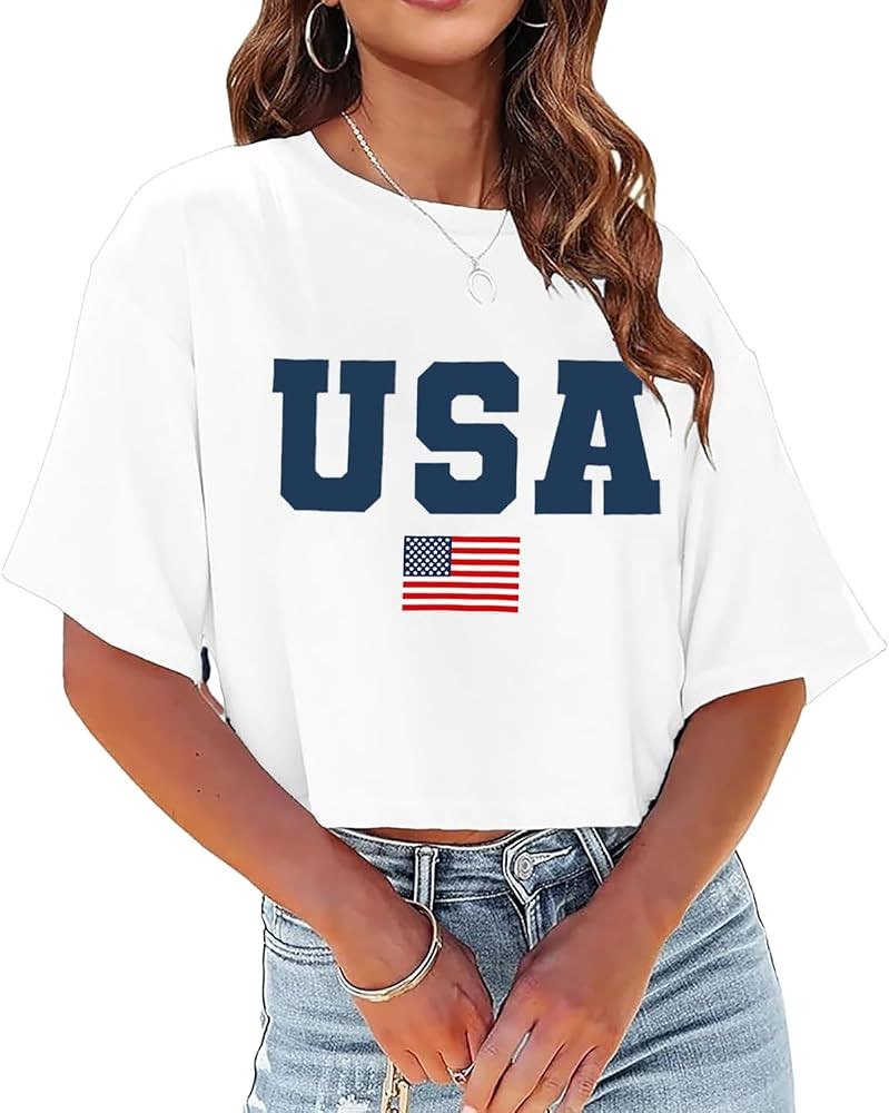 USA Shirts for Women American Flag Crop Shirt 4th of July Crop Top Patriotic T-Shirt Cropped Summ... | Amazon (US)