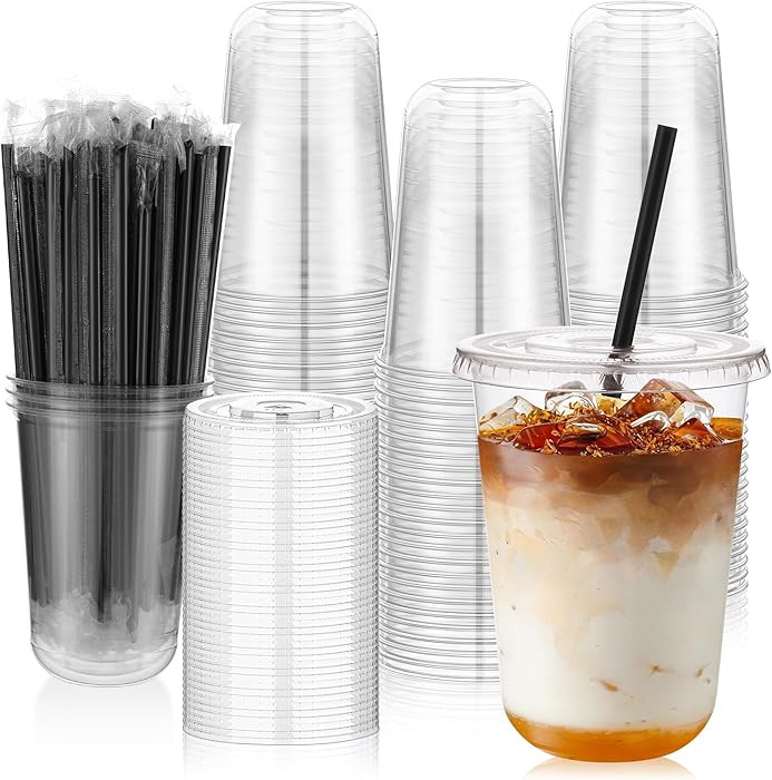 tchrules 100 Set 16oz Plastic Cups with Lids and Straws, Disposable Clear Iced Coffee Cup with Li... | Amazon (US)