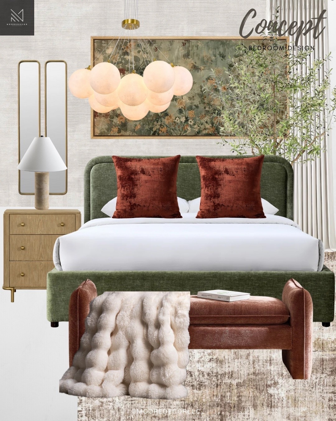 A bedroom should feel like an exhale the moment you walk in.

This design layers soft neutrals, natural textures, and earthy tones to create a space that feels calm but still elevated. The moss velvet bed grounds the room, while the warm wood nightstand, vintage-inspired artwork, and subtle patterning keep it from feeling flat.

Moody… but peaceful.
Warm… but still fresh.

This is how you make a bedroom feel cozy and refined at the same time.

Save this for your future bedroom refresh ✨

#BedroomDesign #ModernOrganic #InteriorDesigner #BedroomInspo #NeutralBedroom #OrganicModern #MooreDecor

#LTKHome