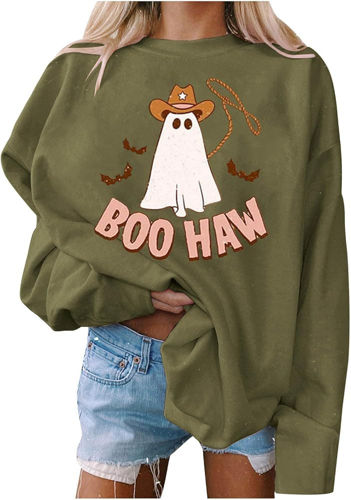 BOO HAW Halloween Sweatshirt Women Cute Ghost Graphic Oversized Pullover Drop Shoulder Long Sleev... | Amazon (US)