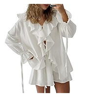 Women Coquette 2 Piece Short Sets Ruffle Tie Front Blouse Dressy Casual and Shorts Tunic Top Summ... | Amazon (US)
