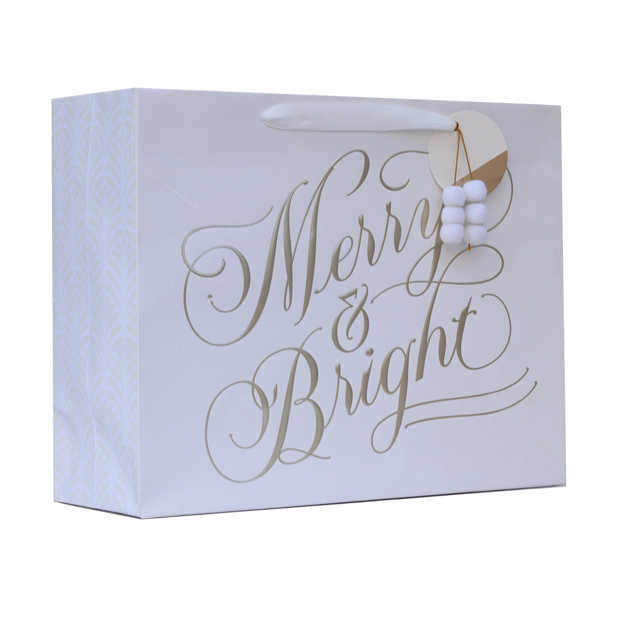 Large White and Gold Merry and Bright Christmas Paper Gift Bag, 12.75" x 4.5", 10", by My Texas H... | Walmart (US)