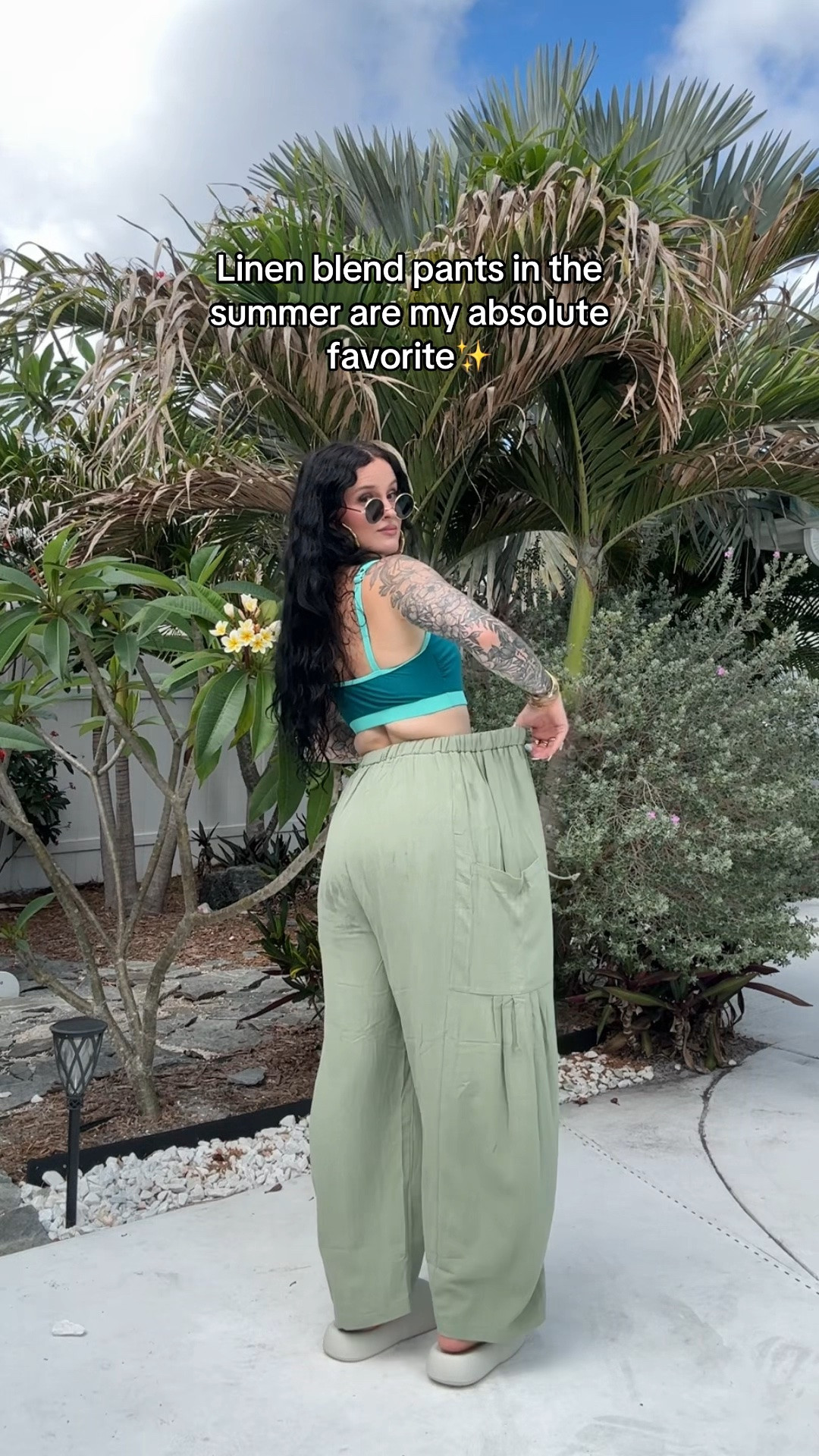 I’m wearing a small in the pants. Bathing suit was off ttshop so I linked a similar one. Shoes are from the brand “mellow sleep” but they aren’t on LTK.