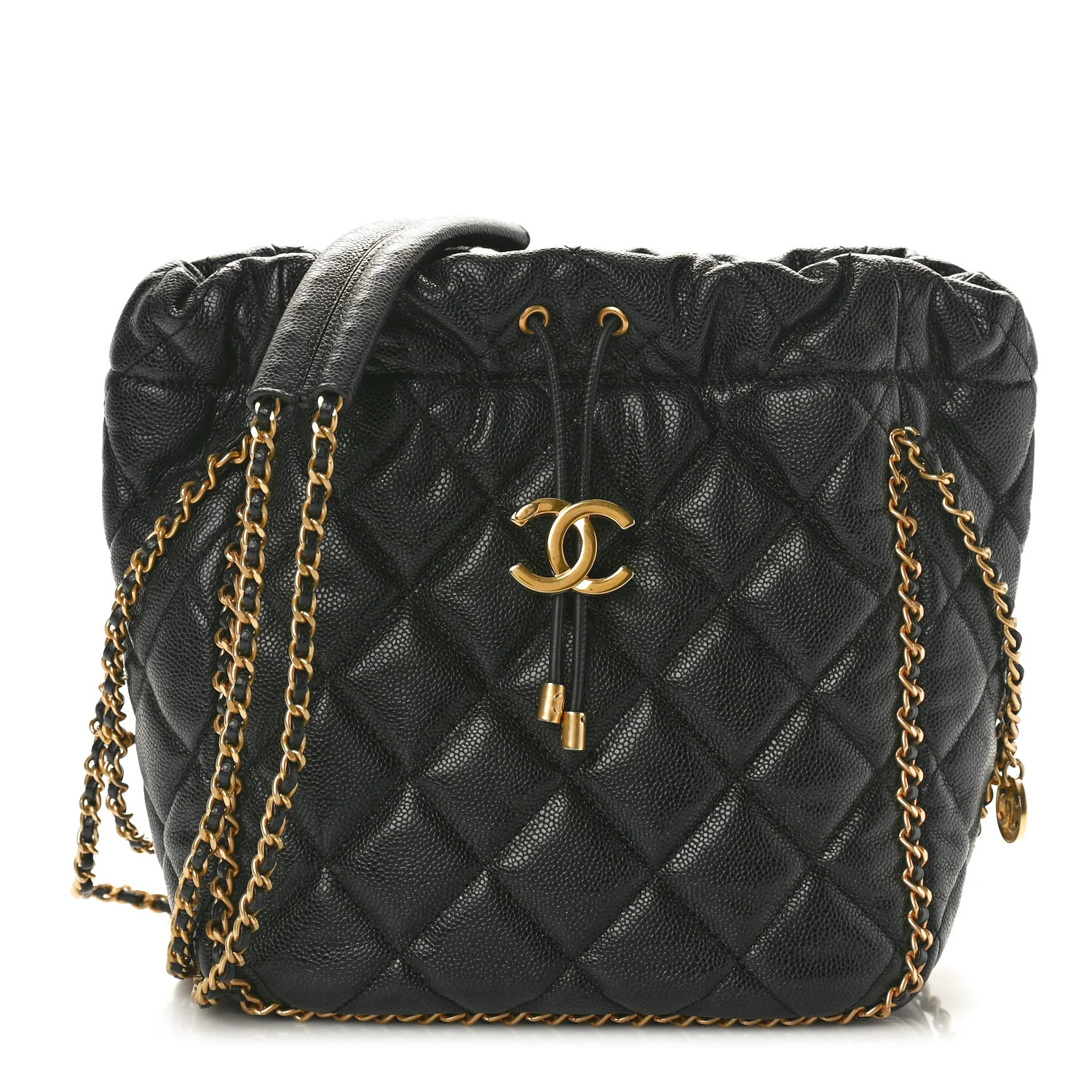 Caviar Quilted Chain Around Multi Chain Bucket Drawstring Bag Black | FASHIONPHILE (US)