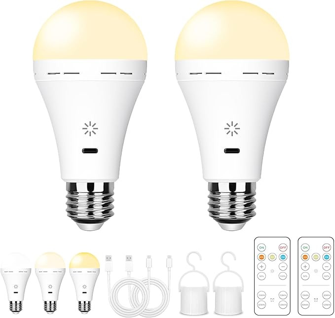 USB Rechargeable Light Bulb with Remote Control, 3 Color Temperature LED Dimmable Battery Powered... | Amazon (UK)