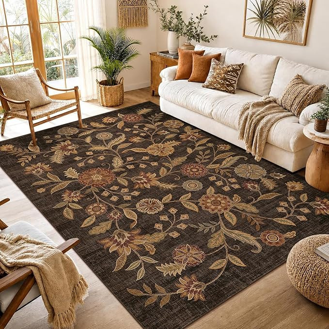 Garvee Dark Brown Floral 5x7 Washable Area Rug Living Room Bedroom | Vintage Stain Resistant Rugs... | Amazon (US)