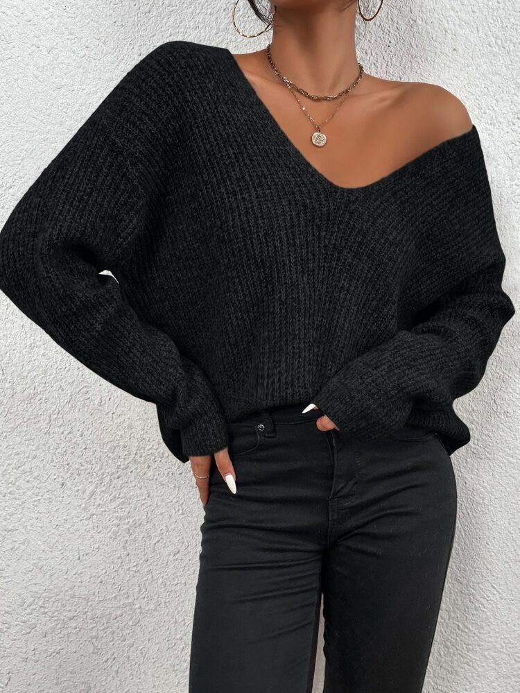 V-neck Drop Shoulder Ribbed Knit Sweater | SHEIN