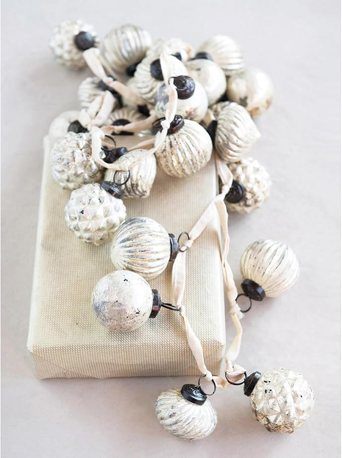 Creative Co-Op Embossed Mercury Glass Ball Ornament Garland, Distressed Matte Cream | Amazon (US)