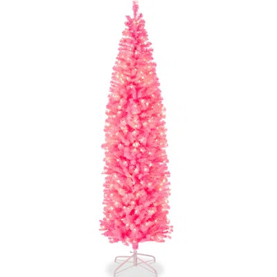 Pre-Lit Pink Artificial Christmas Tree, Holiday Pencil Tree W/ 500 Warm White Lights, Stand | Wayfair North America