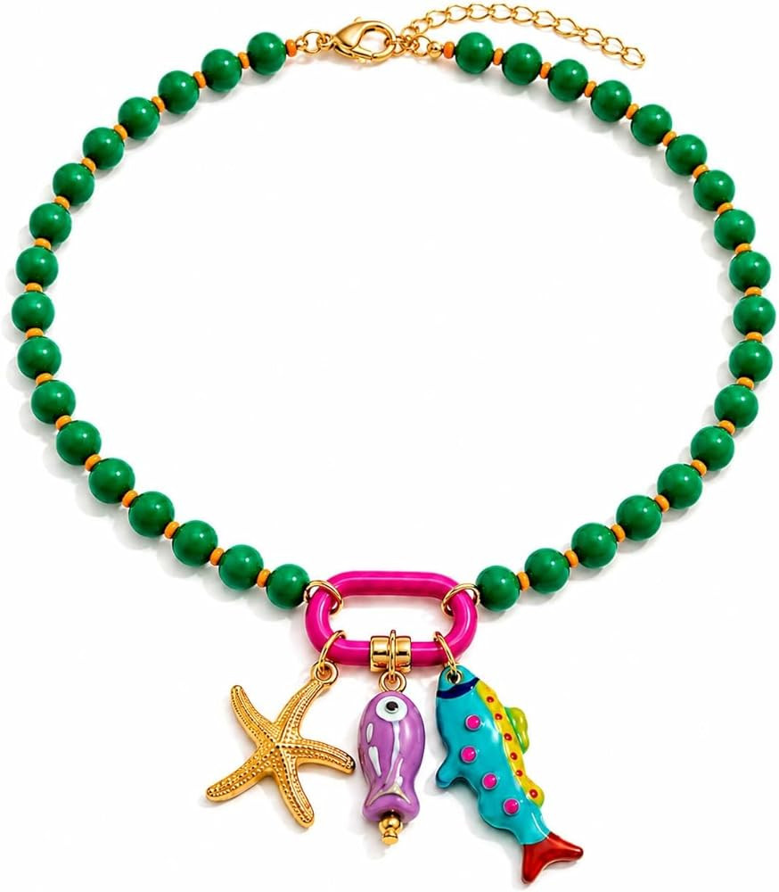 Fish Necklace for Women Colorful Beaded with Coral Seashell Starfish and Conch Shell Sardine Boho... | Amazon (US)