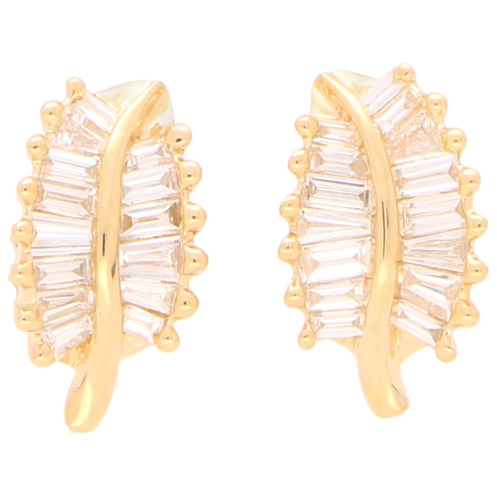 Baguette Cut Diamond Leaf Stud Earrings Set in 18 Karat Yellow Gold | 1stDibs