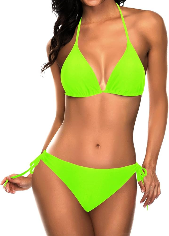 Tempt Me Women Triangle Bikini Sets Halter Two Piece Sexy Swimsuit String Tie Side Bathing Suit | Amazon (US)