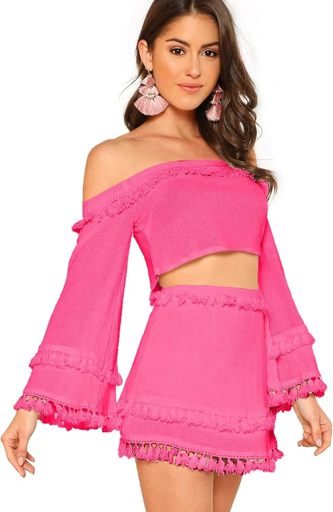 SheIn Women's 2 Piece Outfit Fringe Trim Bell Sleeve Crop Top Skirt Set Medium Hot Pink at Amazon... | Amazon (US)