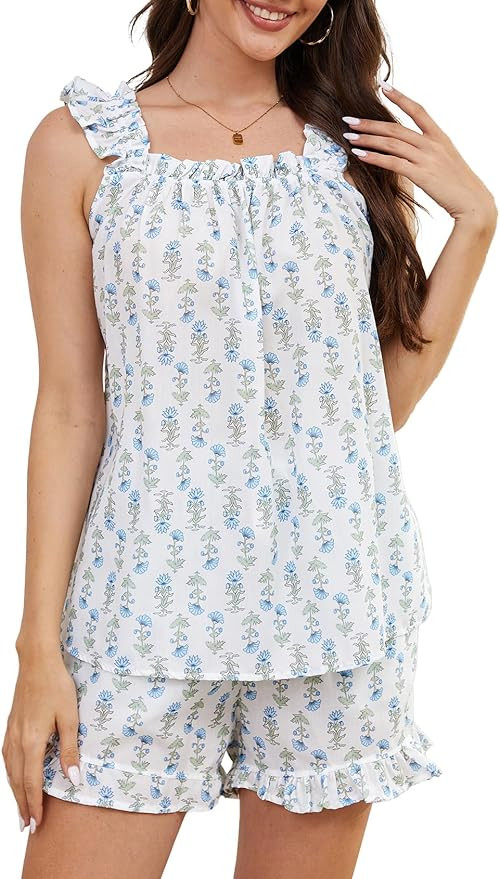 Kissonic Womens Ruffle Pajamas Set 2 Piece Summer PJs for Women Floral Pajama Ruffle Trim Cami To... | Amazon (US)