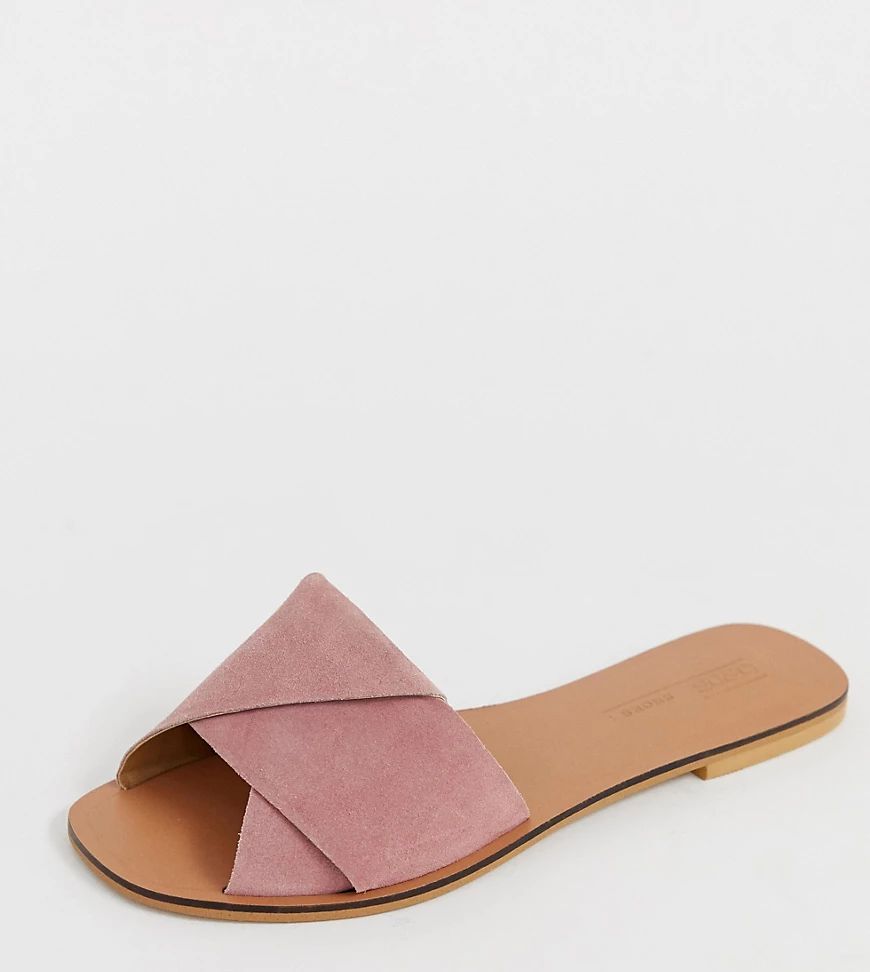 ASOS DESIGN Wide Fit Favoured leather flat sandals-Pink | ASOS (Global)
