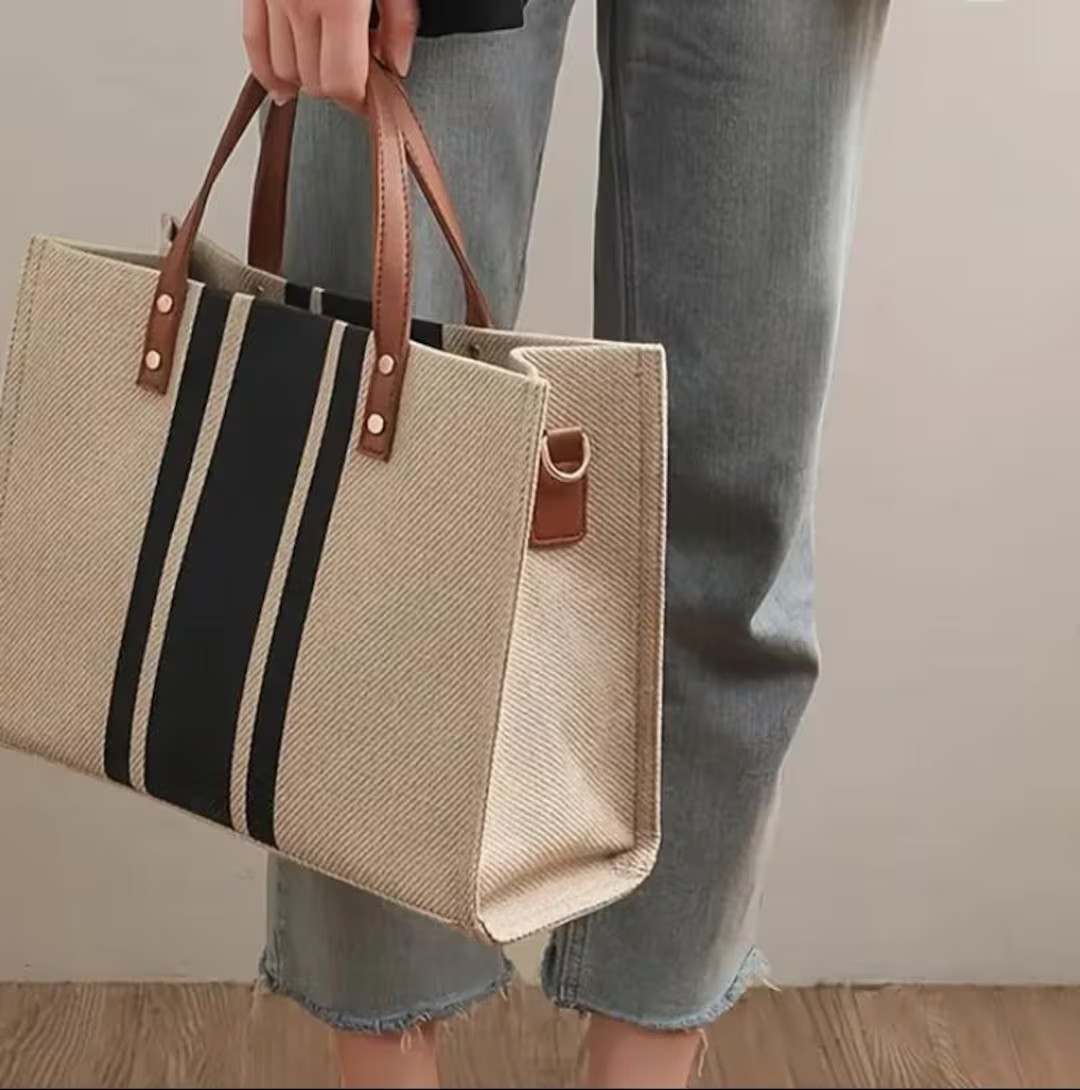 Women's Striped Canvas Tote Bag - Boho Chic Bag With Leather Handles - Summer Beach Bag 2025 - La... | Etsy (US)