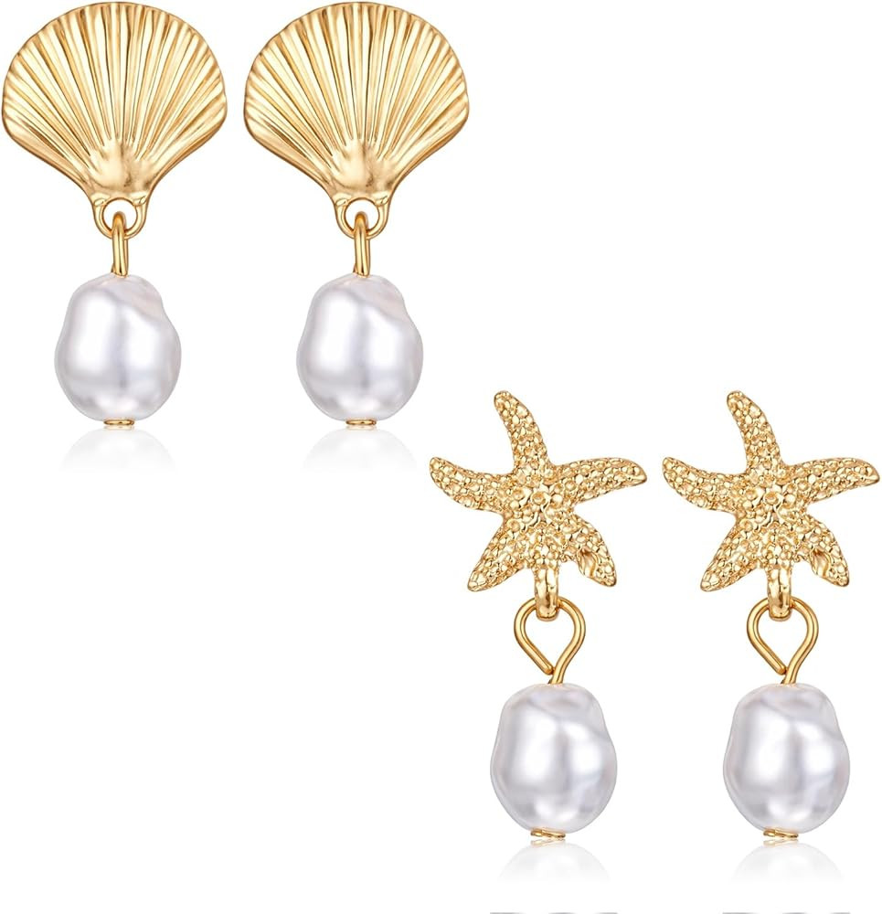2Pairs Seashell Starfish Earrings Gold Plated Beach Earrings Tropical Beach Ocean Dangle for Wome... | Amazon (US)