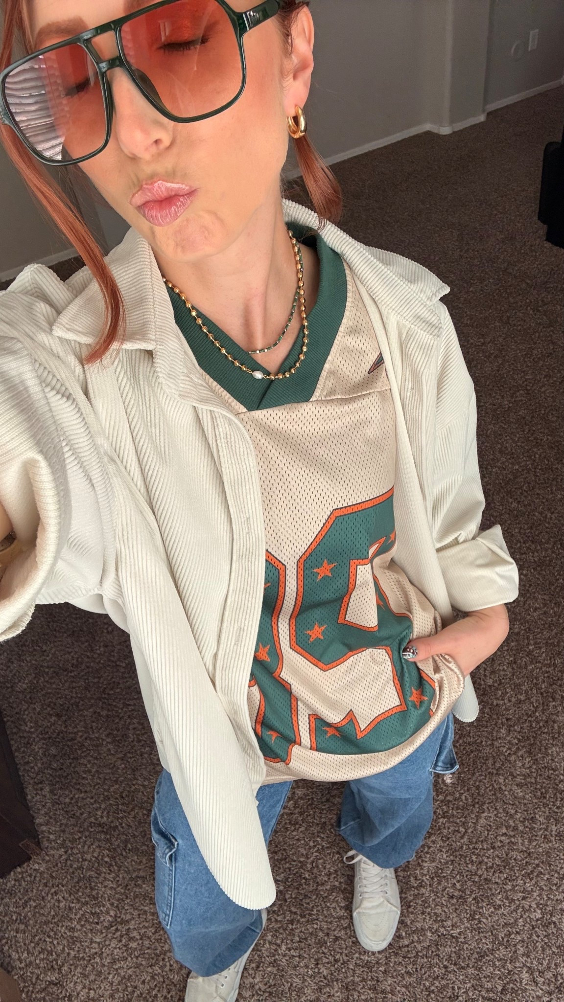 •beige ribbed “corduroy jacket size L
•green orange tan jersey size L
•white high top platform vans tts
•cargo jeans @tjmaxx 
•gold necklace Amazon
•green malachite necklace Amazon
•gold hoops set of 4
•green sunglasses 2 pack of different colors 
•handmade press on nails Amazon

#LTKgrwm #LTKmomlife #LTKootd