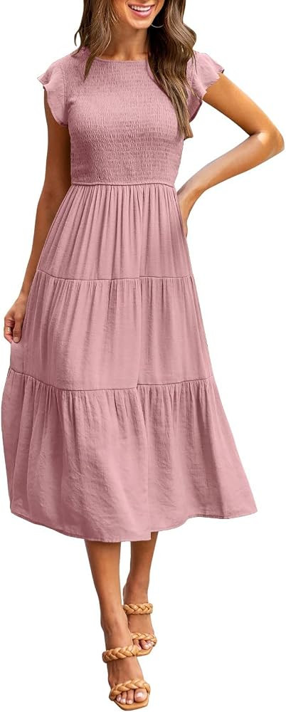 TuoGo Women's Summer Casual Ruffle Short Sleeve Smocked Dress Wedding Guest Flowy A-line Tiered M... | Amazon (CA)