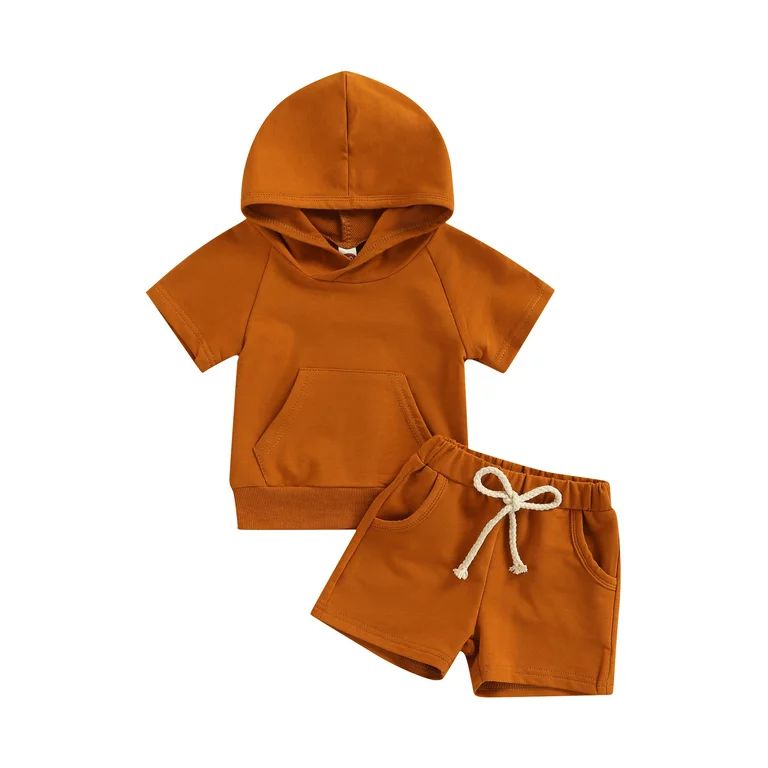 Canrulo Infant Baby Boys Casual Summer 2pcs Clothes Solid Color Hooded Short Sleeve Pocket Tops+S... | Walmart (US)