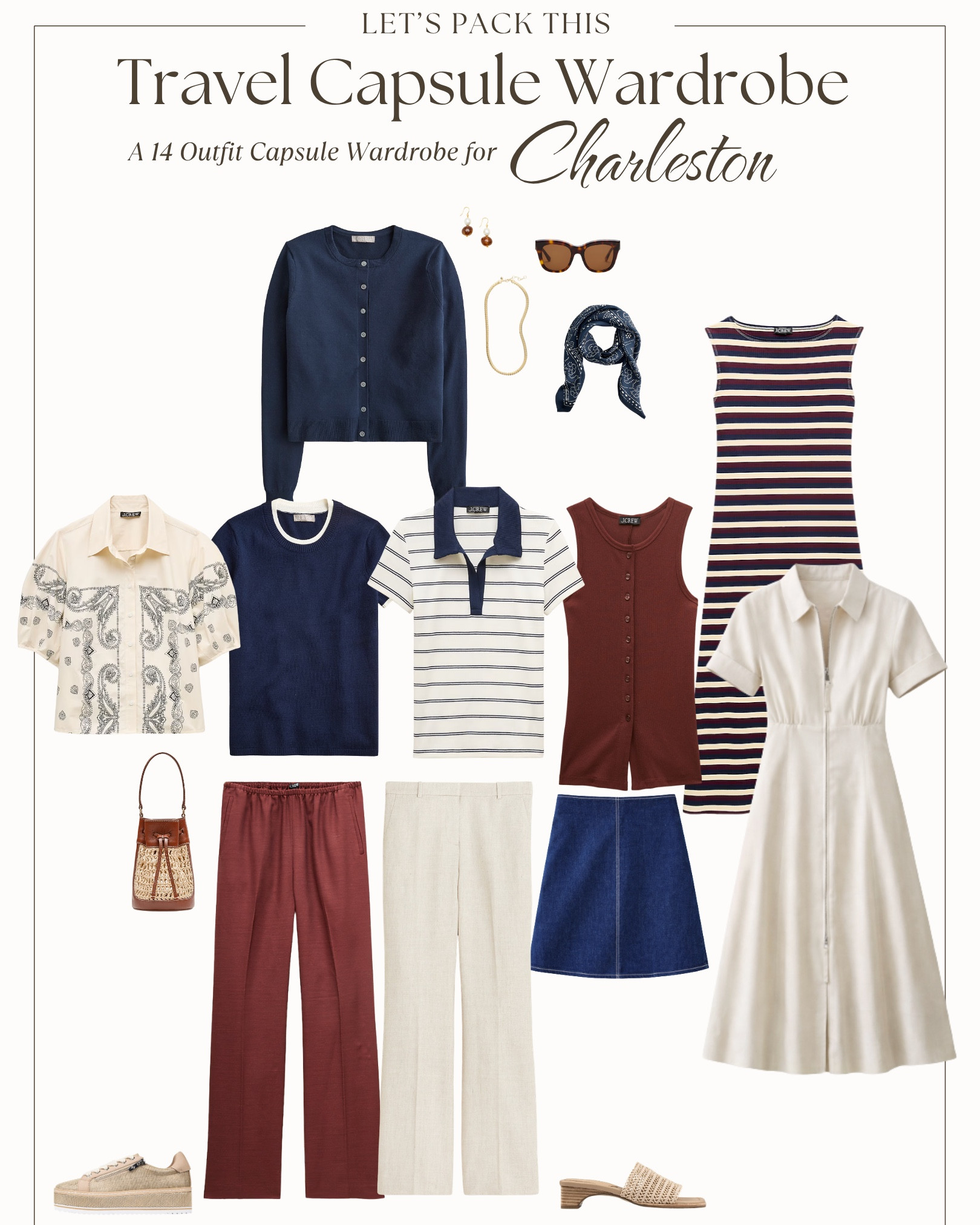 This travel capsule wardrobe was curated for Charleston in spring, with mild mornings, warm afternoons, and evenings that feel soft and slightly humid.

Expect daytime highs: low-70s°F to low-80s°F.  Evenings: low-60s°F to upper-60s°F. Spring in Charleston brings a touch of humidity and plenty of sunshine, so breathable fabrics are key. You won’t need heavy layers, but you will want light pieces that can adapt as temperatures shift throughout the day.

I chose breathable tops, linen bottoms, and easy dresses that transition from daytime exploring to dinner. A lightweight cardigan works for cooler mornings or air-conditioned spaces, while footwear stays practical but polished—comfortable enough for walking cobblestone streets, but still appropriate for lunch or a nicer evening out.

Here’s your packing list for Charleston in spring:
4 tops
2 bottoms
1 skirt
2 dresses
1 lightweight cardigan
(Clothing from JCREW)

2 shoes (from Donald Pliner)

Accessories

Everything mixes and matches into more than 14 outfits, and the best part—it all fits in your carry-on suitcase.

Not headed to Charleston? This capsule also works for Savannah in spring, coastal Florida towns like St. Augustine, California destinations like Santa Barbara or San Diego, or Southern cities like New Orleans—anywhere with warm spring temperatures, light humidity, and a relaxed but polished vibe.


#LTKOver40 #LTKTravel