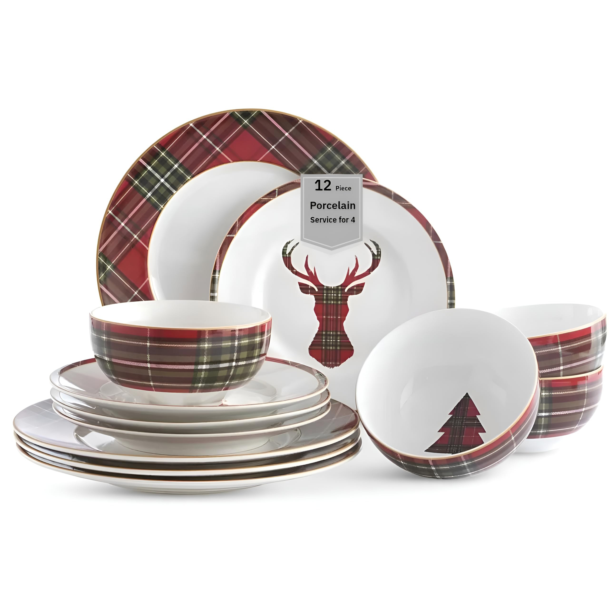 222 Fifth 12-Piece Porcelain Dinnerware Set for 4, Festive Red Plaid Design on Glossy White Plate... | Amazon (US)