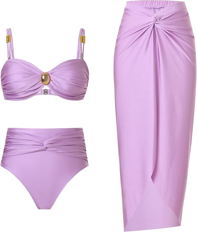 Women's One Piece Swimsuit with Cover up Set Beach Wrap Skirt Retro Bikini Set Two Piece Bathing ... | Amazon (US)