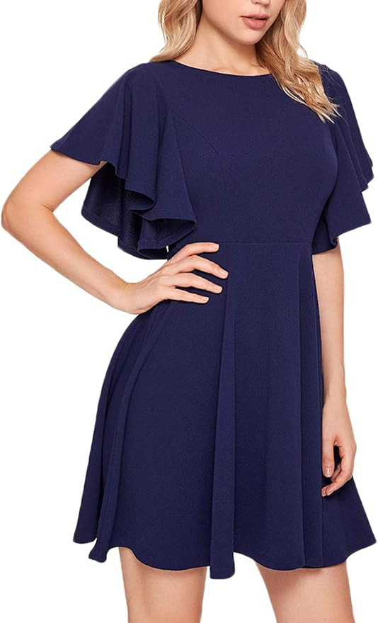 Amazon.com: Romwe Women's Stretchy A Line Swing Flared Skater Cocktail Party Dress Navy S : Cloth... | Amazon (US)