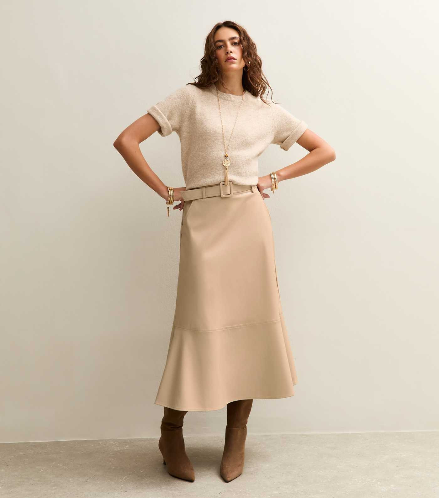 Cream Belted Faux Leather Midi Skirt | New Look | New Look (UK)