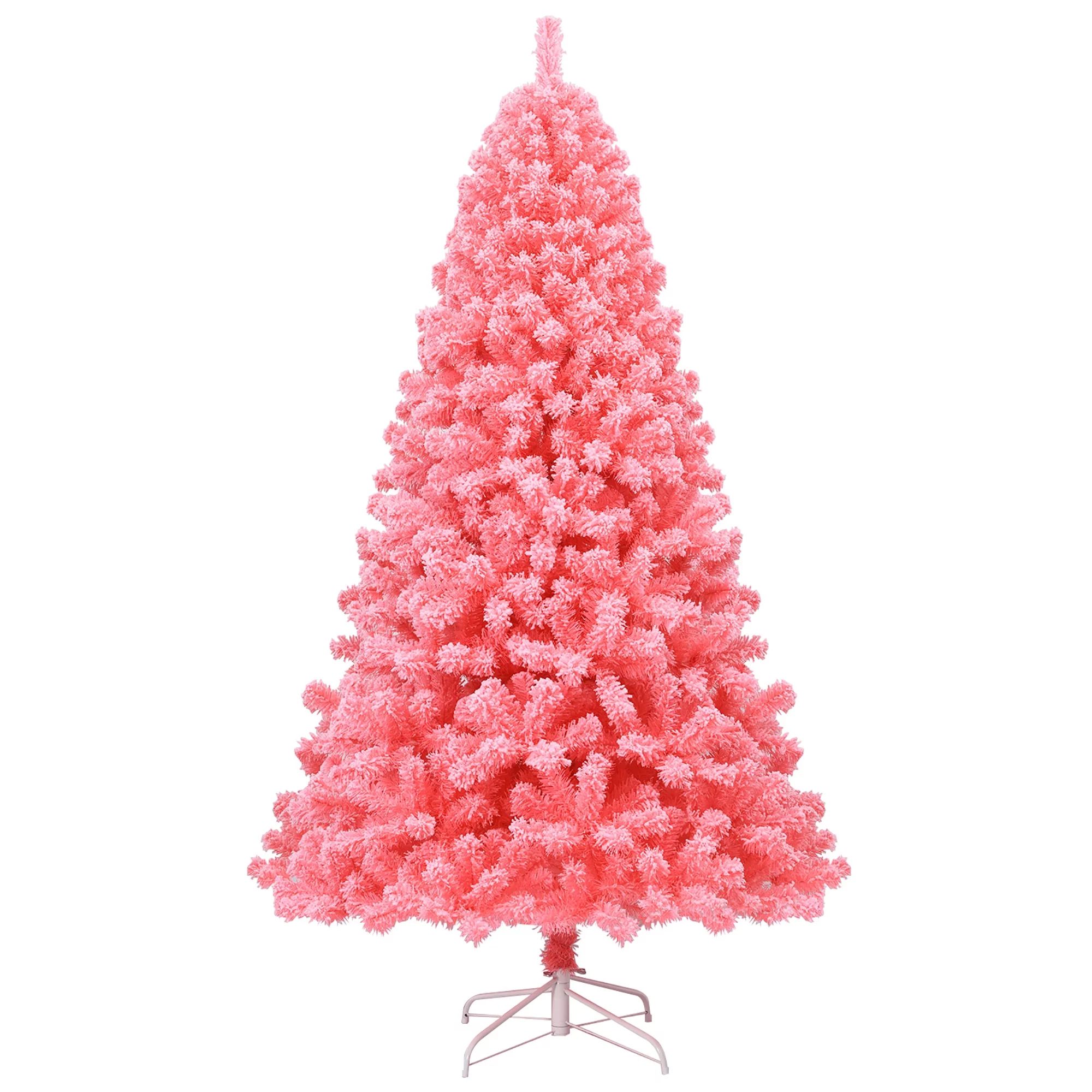 Costway 7.5ft Snow Flocked Hinged Artificial Christmas Tree w/ Metal Stand Pink | Walmart (US)