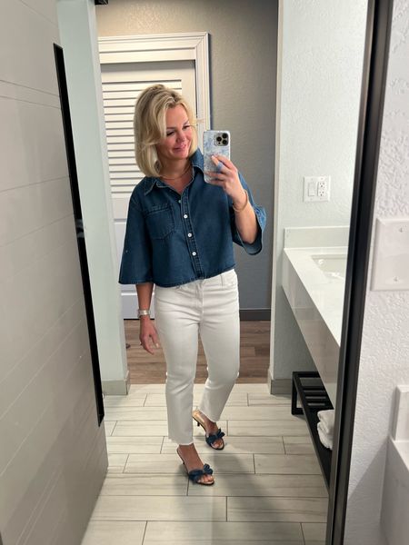 Denim top with white jeans. 
Top small 
Jeans size 26
Shoes 1/2 size up  

#LTKStyleTip #LTKShoeCrush #LTKOver40